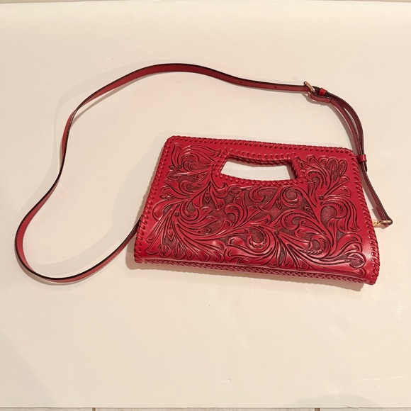 RARE Shazel Red Hand-Tooled Leather Cutout Handel Handbag Crossbody Clutch Bag